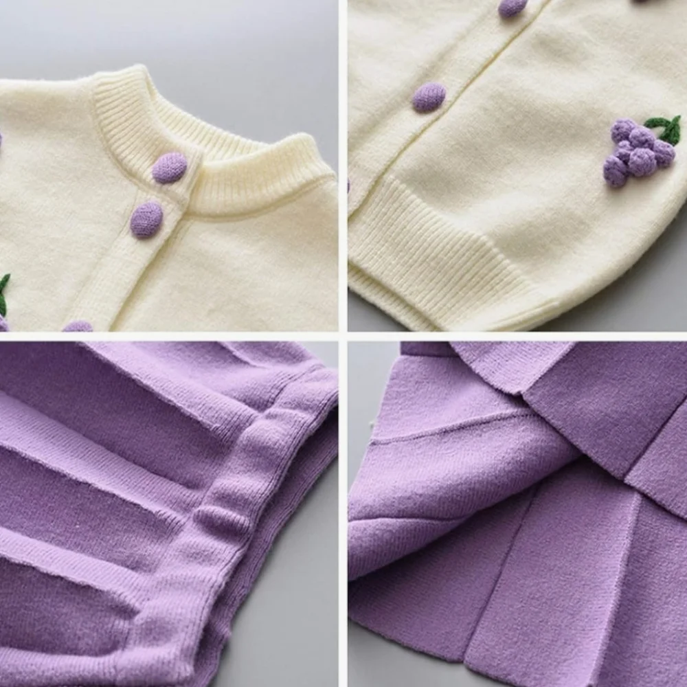 Spring Autumn Girls Grape Pom Pom Longsleeve Cardigan & Pleated Knit Skirt 2Pcs.